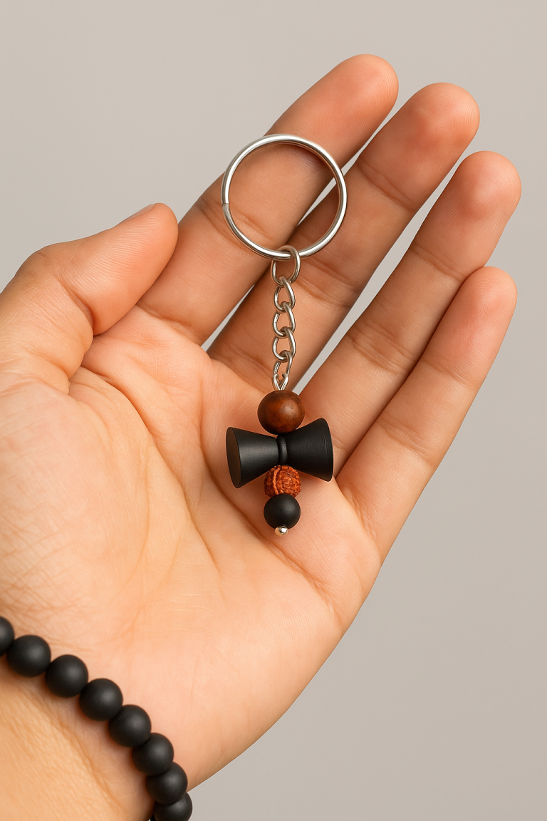 Karungali Wood Damaru Rudraksha Keychain