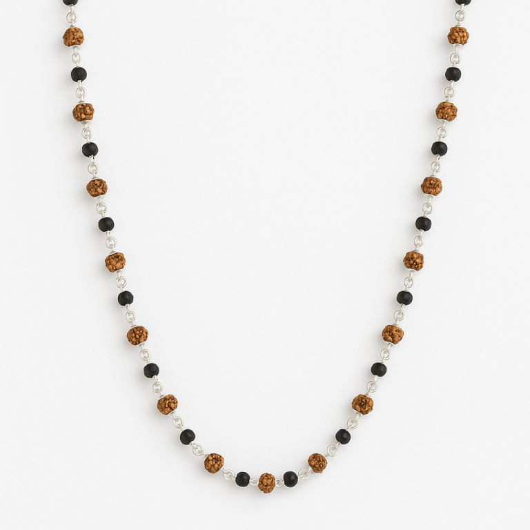 Rudraksha Beads with Karungali Wood & Silver Plated Mala